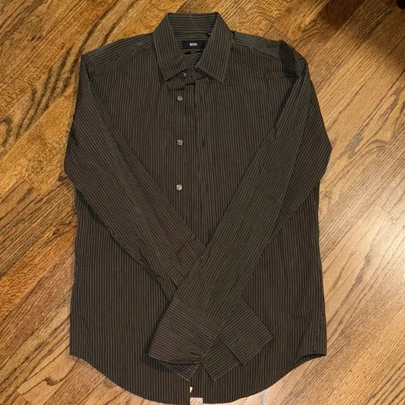 BOSS Hugo Boss Men's Brown Long Sleeve Pinstripe Button-Down Shirt - Picture 2 of 3
